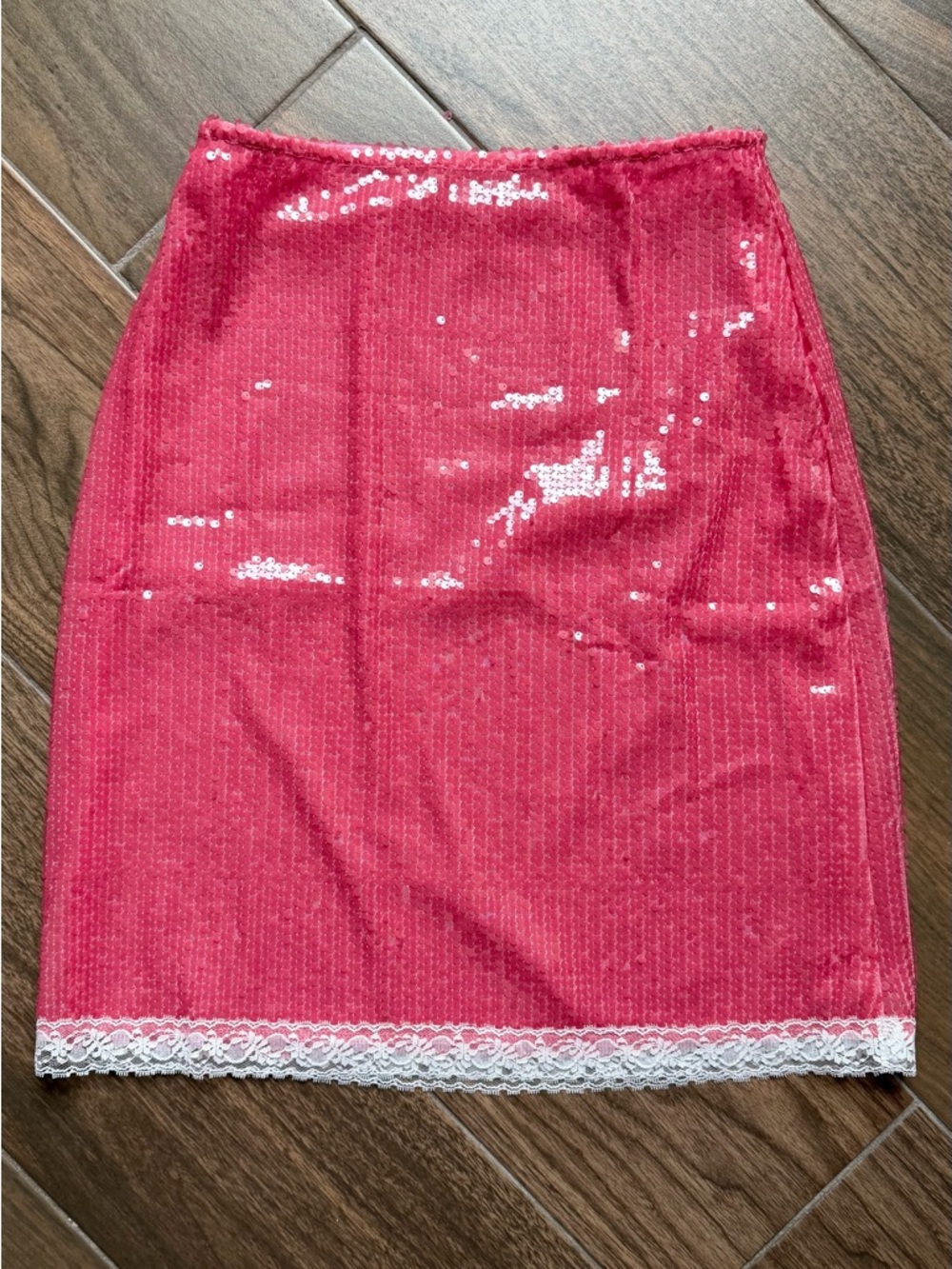 Pink Sequin Lace-Hem Pencil Skirt